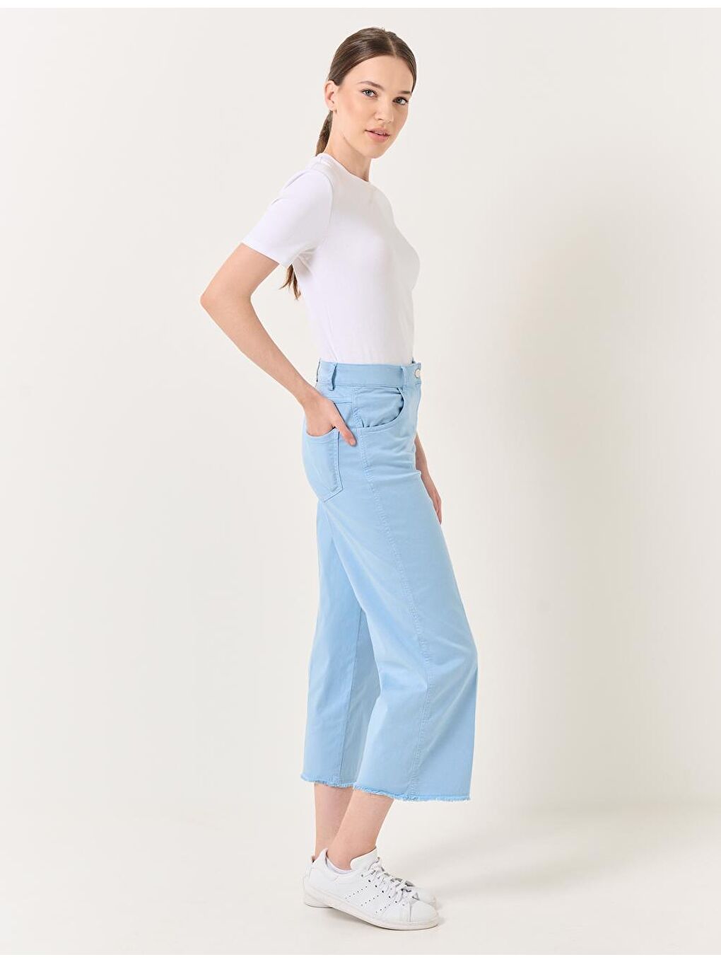 Gök Mavisi Bol Kesim Yüksek Bel Bol Paça Gabardin Pantolon-2