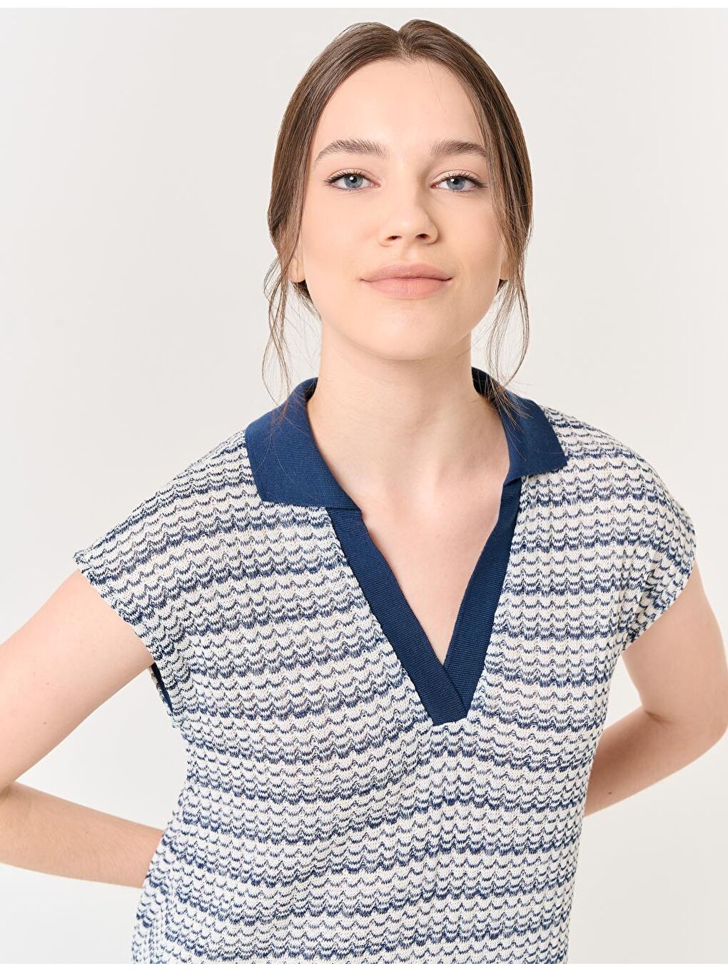 Lacivert Polo Yaka Kolsuz Desenli Midi Elbise-1