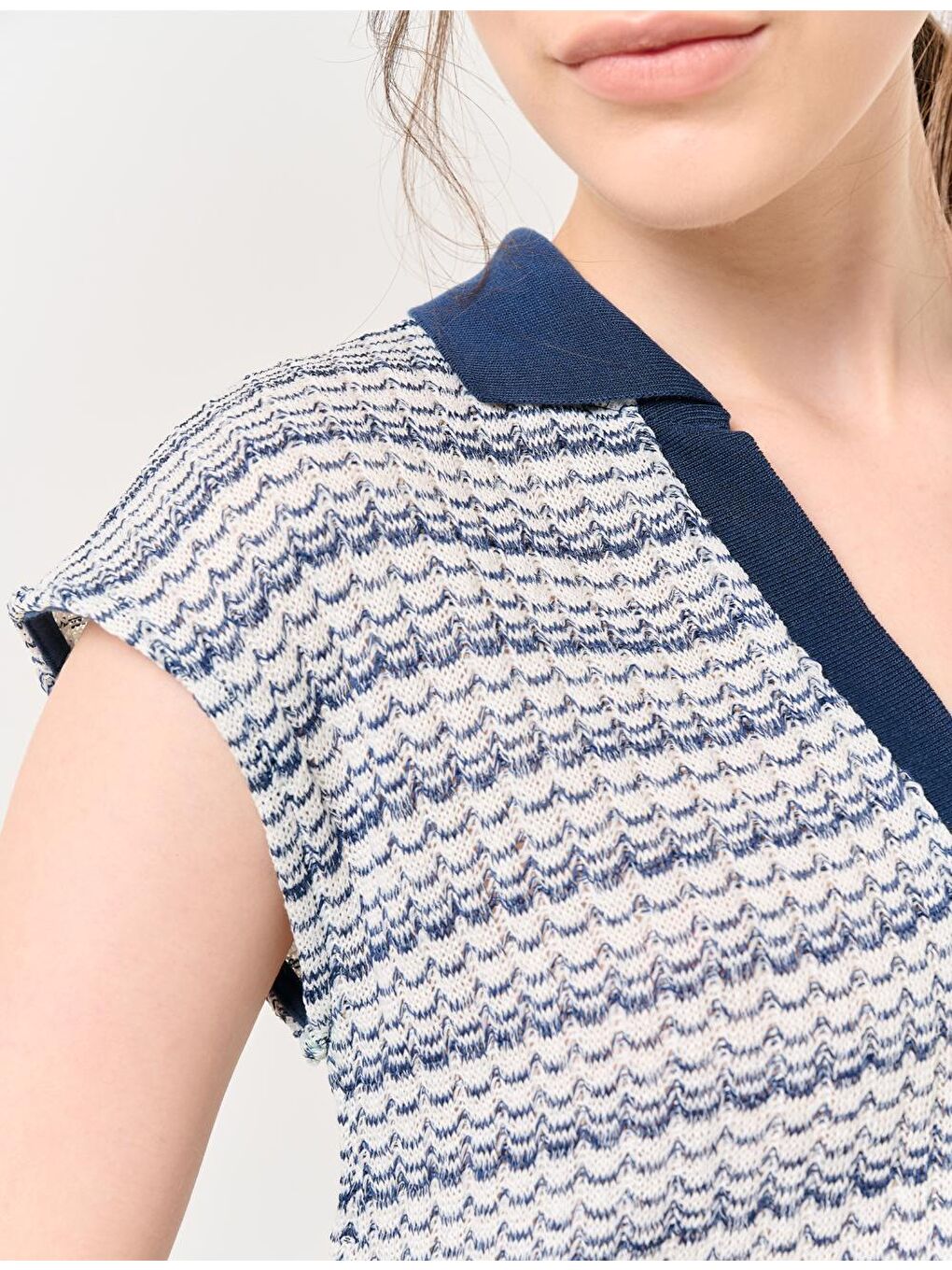 Lacivert Polo Yaka Kolsuz Desenli Midi Elbise-2