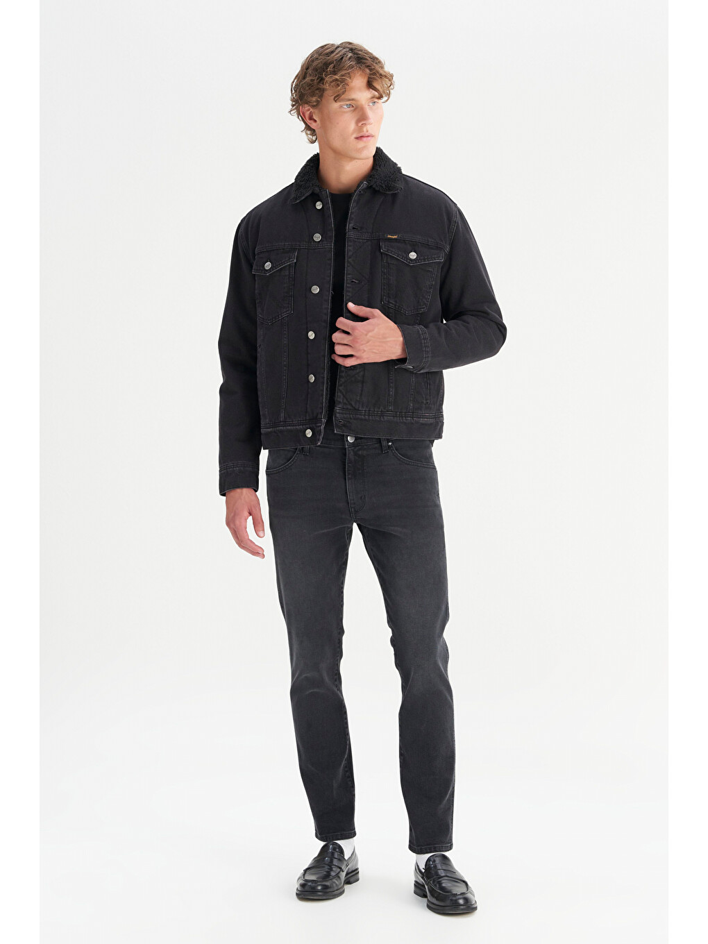 %100 Pamuk Regular Fit Sherpa Detaylı Siyah Denim Ceket-1