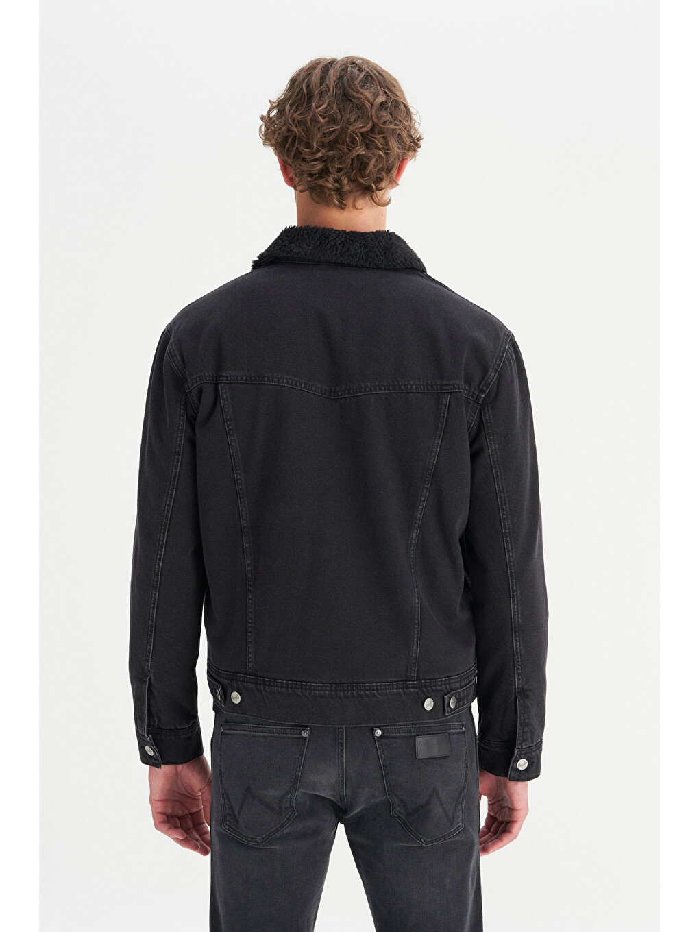 %100 Pamuk Regular Fit Sherpa Detaylı Siyah Denim Ceket-4