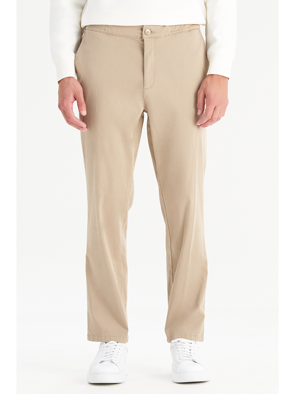 Bej Pamuklu Slim Fit Cepli Yumuşak Dokulu Esnek Pantolon-1