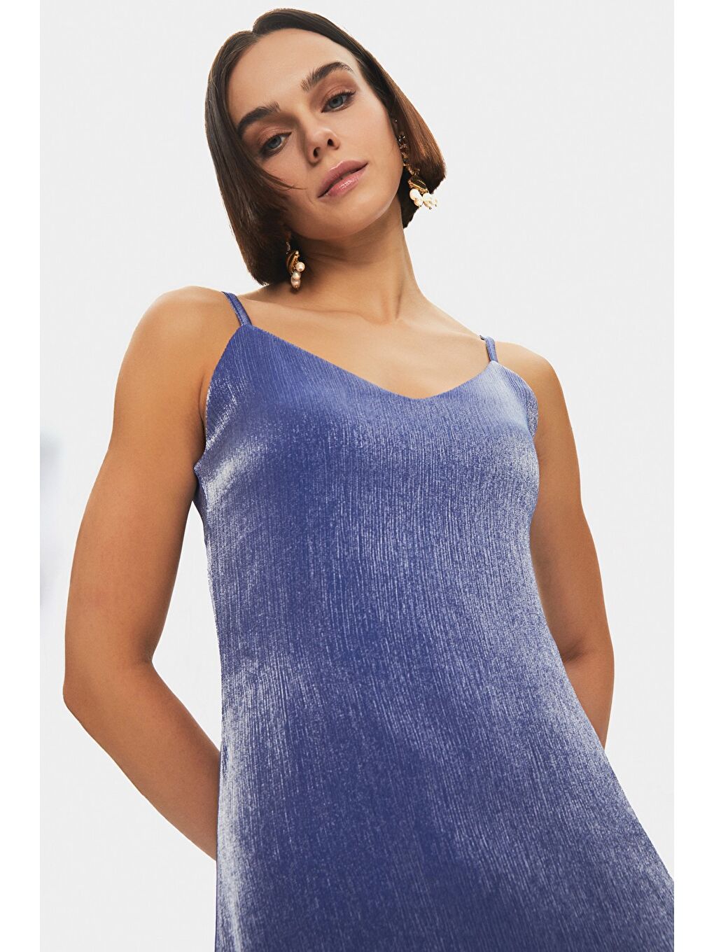 Lacivert Kadın Ince Askılı Viskon Karışımlı Maxi Elbise-3