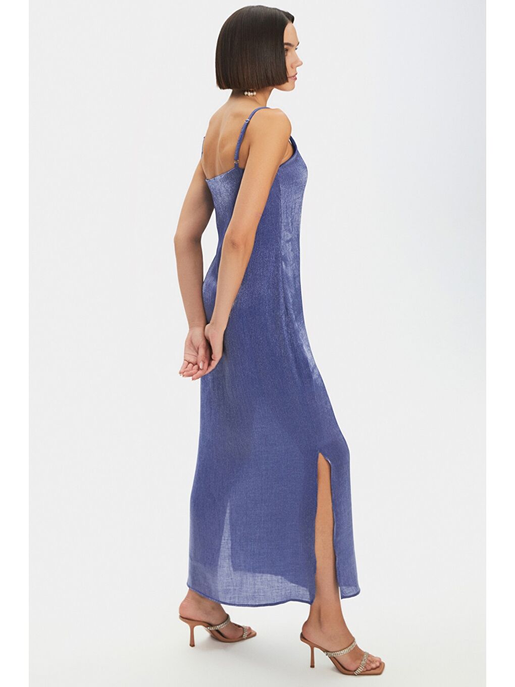 Lacivert Kadın Ince Askılı Viskon Karışımlı Maxi Elbise-4