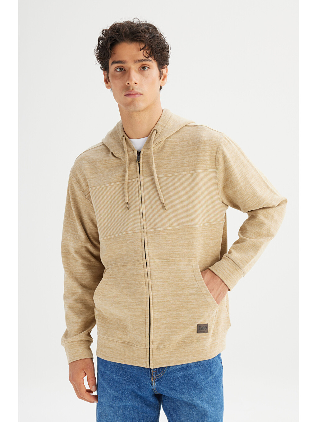 Bej Regular Fit Kapüşonlu Cepli İçi Polarlı Erkek Fermuarlı Sweatshirt Hırka