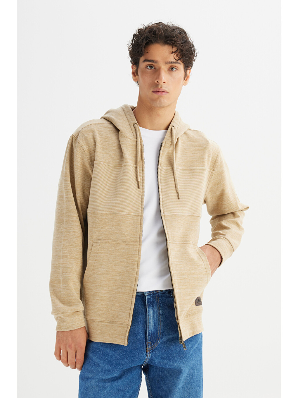 Bej Regular Fit Kapüşonlu Cepli İçi Polarlı Erkek Fermuarlı Sweatshirt Hırka-2