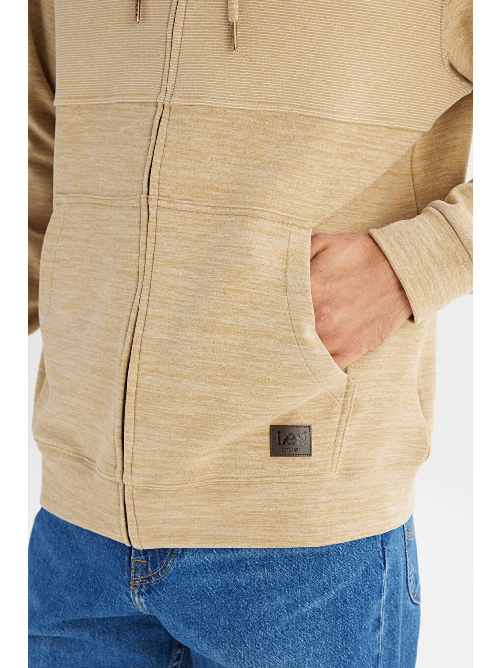 Bej Regular Fit Kapüşonlu Cepli İçi Polarlı Erkek Fermuarlı Sweatshirt Hırka-3