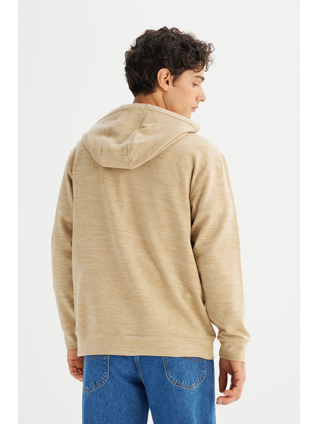 Bej Regular Fit Kapüşonlu Cepli İçi Polarlı Erkek Fermuarlı Sweatshirt Hırka-4