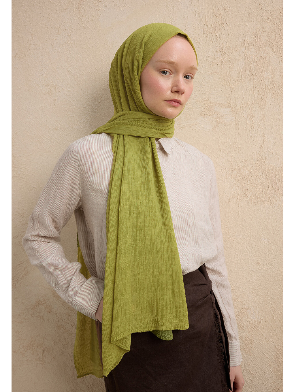 Yeşil Modal Krinkıl Şal Olive-1