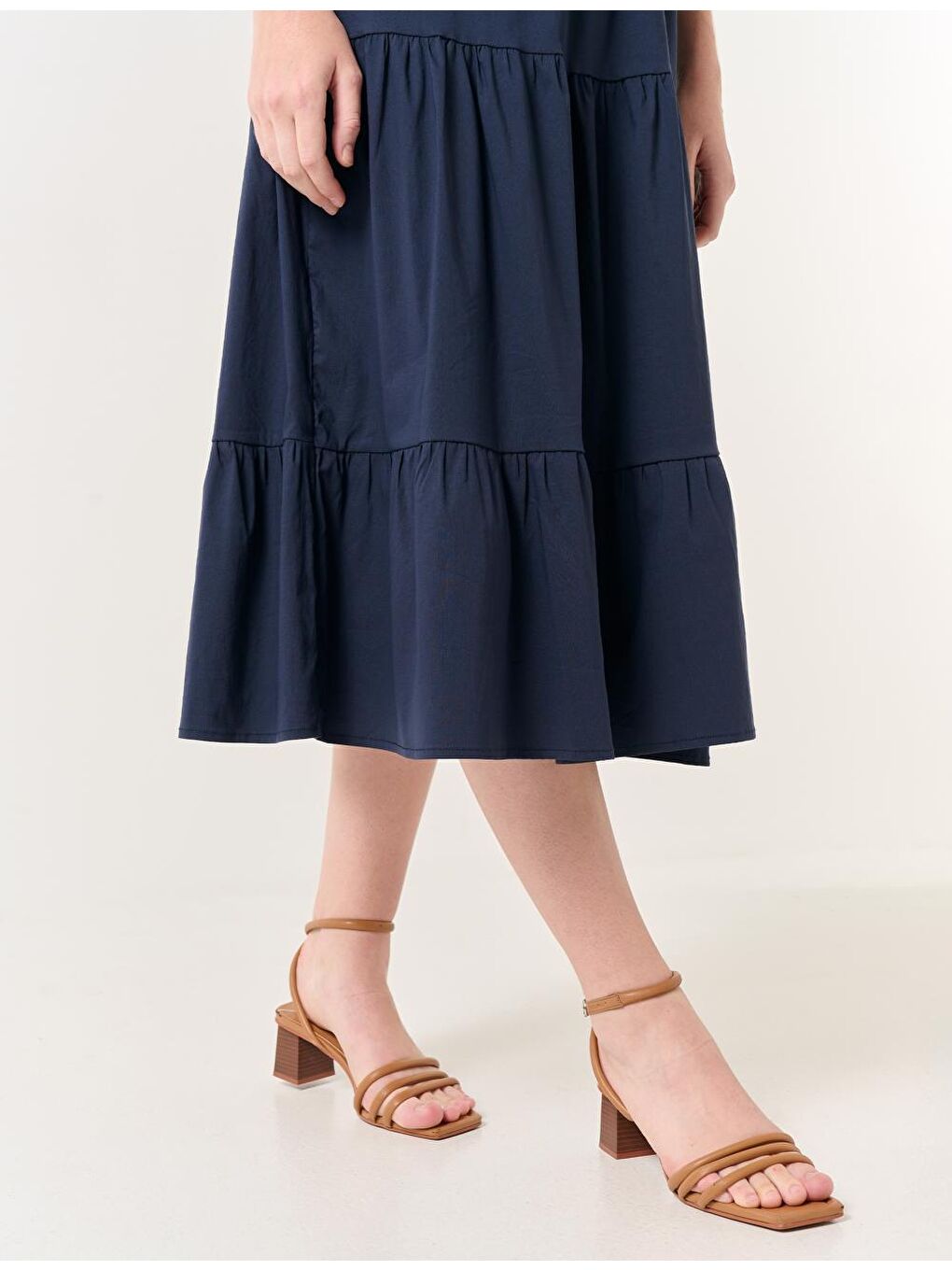 Lacivert Tek Omuzlu Asimetrik Midi Elbise-3