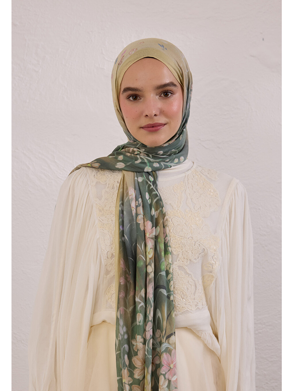 Sarı Wısterıa Desen Rami Şal Tereyağı-3