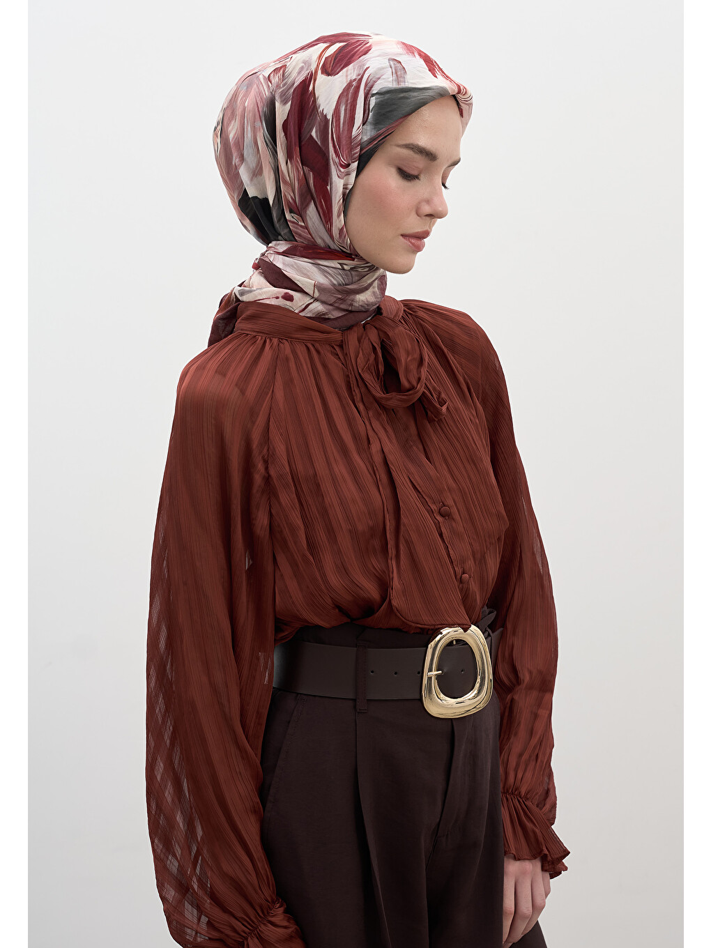Vanılla Blossom Desen Pamuklu Viskon Eşarp Bordo-2