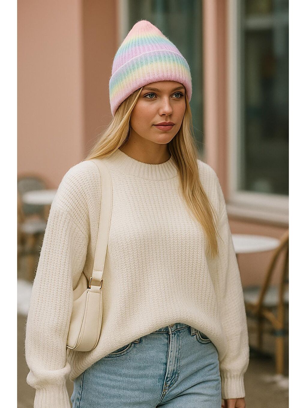 Pembe Renkli  Yüzde 100 Yün Ithal Renk Geçişli Bere Bere1132-2