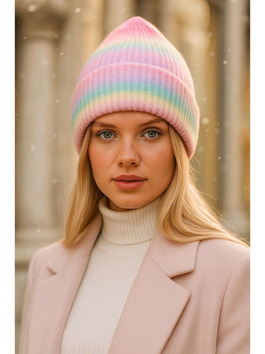 Pembe Renkli  Yüzde 100 Yün Ithal Renk Geçişli Bere Bere1132-3