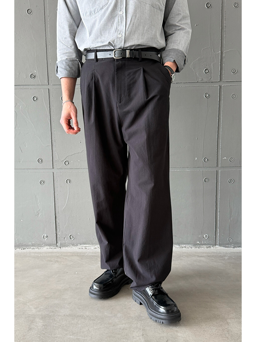 Siyah Erkek Baggy Fit Gabardin Kumaş Pantolon