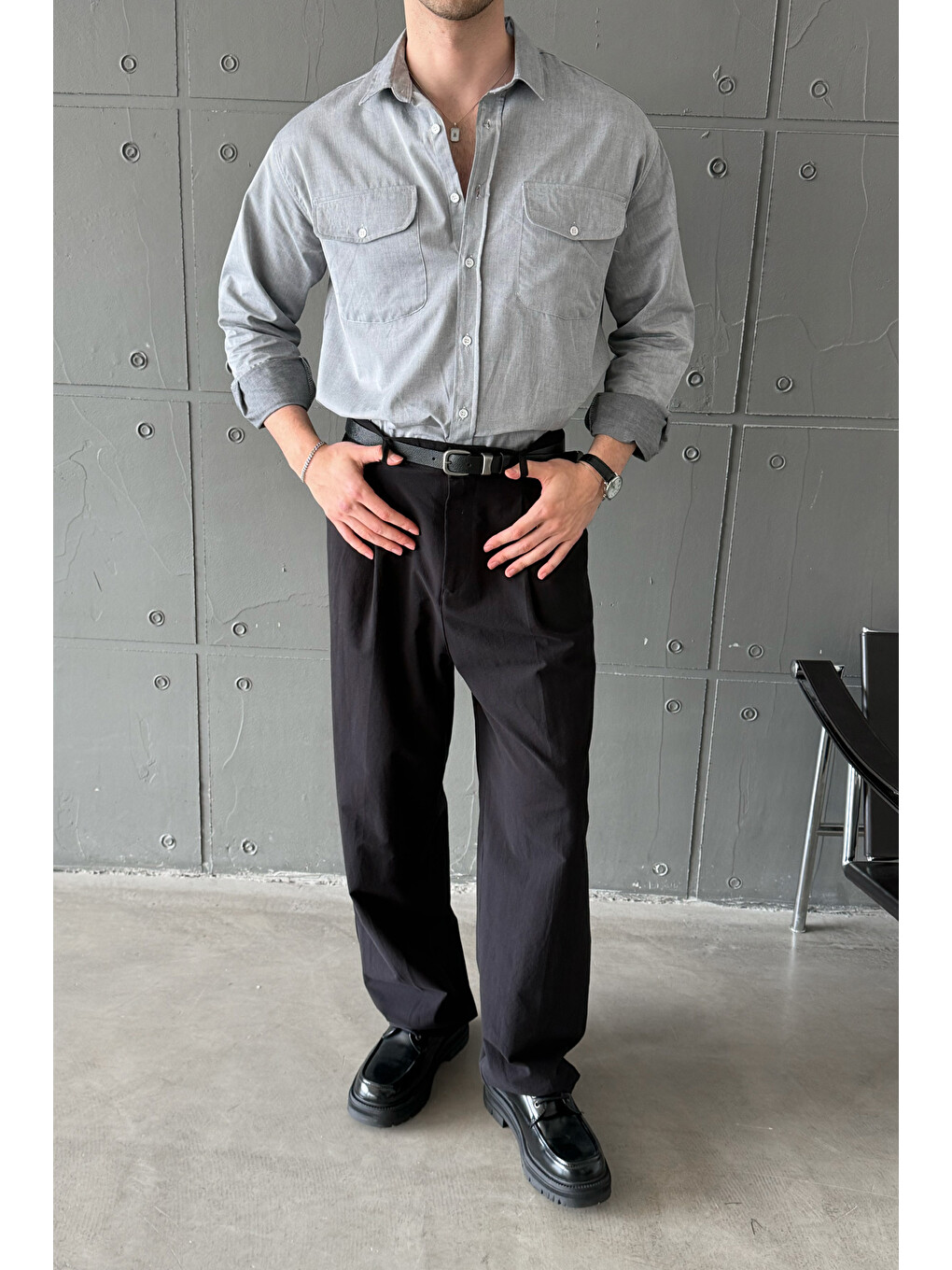 Siyah Erkek Baggy Fit Gabardin Kumaş Pantolon-1