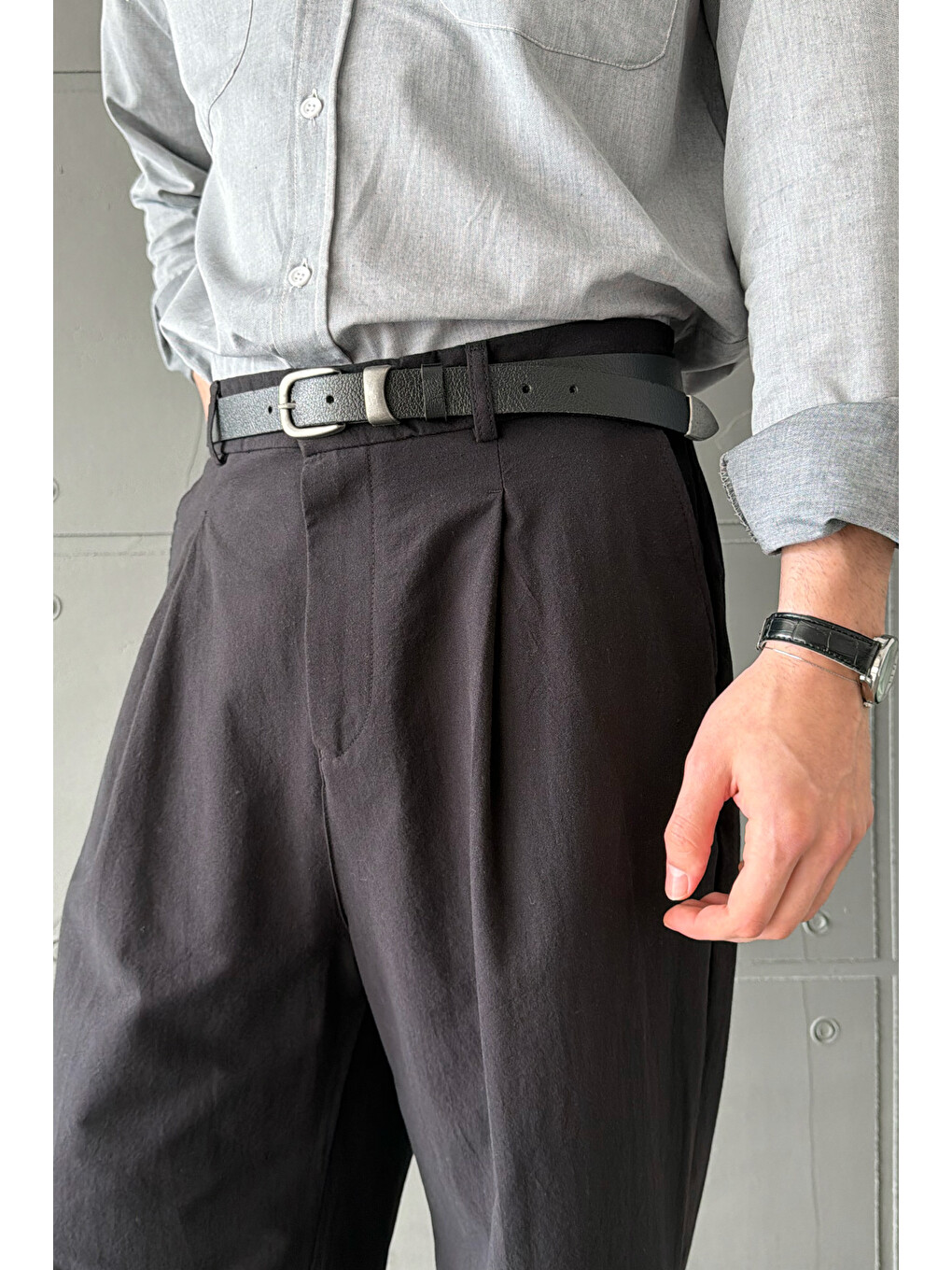 Siyah Erkek Baggy Fit Gabardin Kumaş Pantolon-2