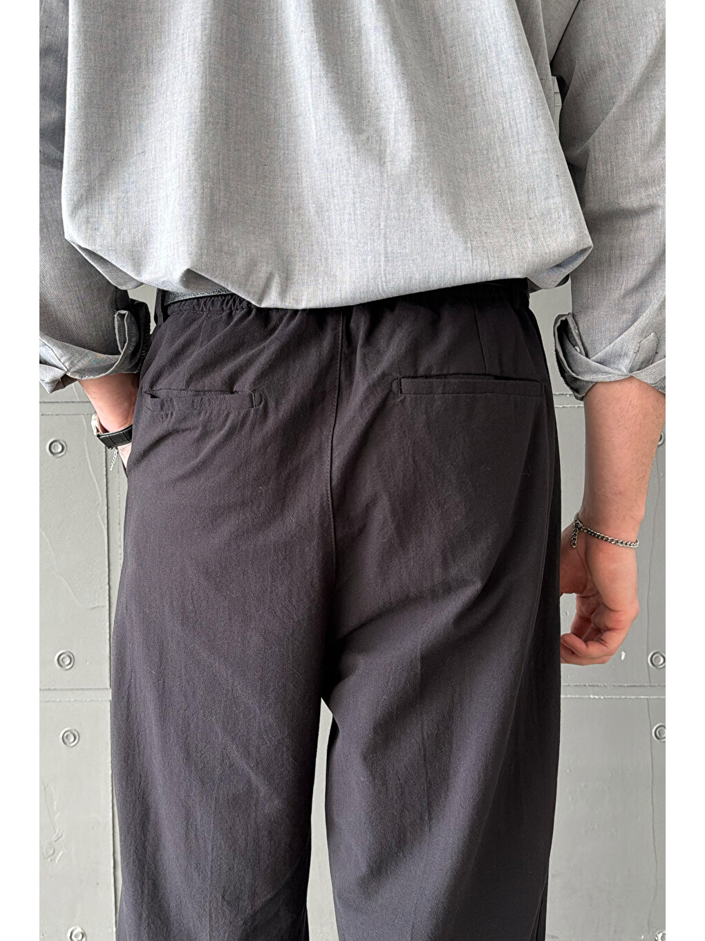 Siyah Erkek Baggy Fit Gabardin Kumaş Pantolon-5