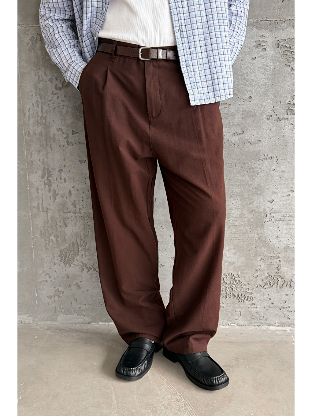 Kahverengi Erkek Baggy Fit Gabardin Kumaş Pantolon