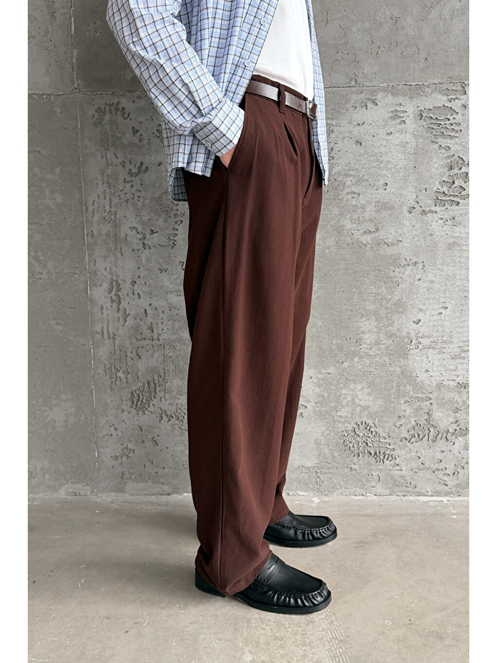 Kahverengi Erkek Baggy Fit Gabardin Kumaş Pantolon-2