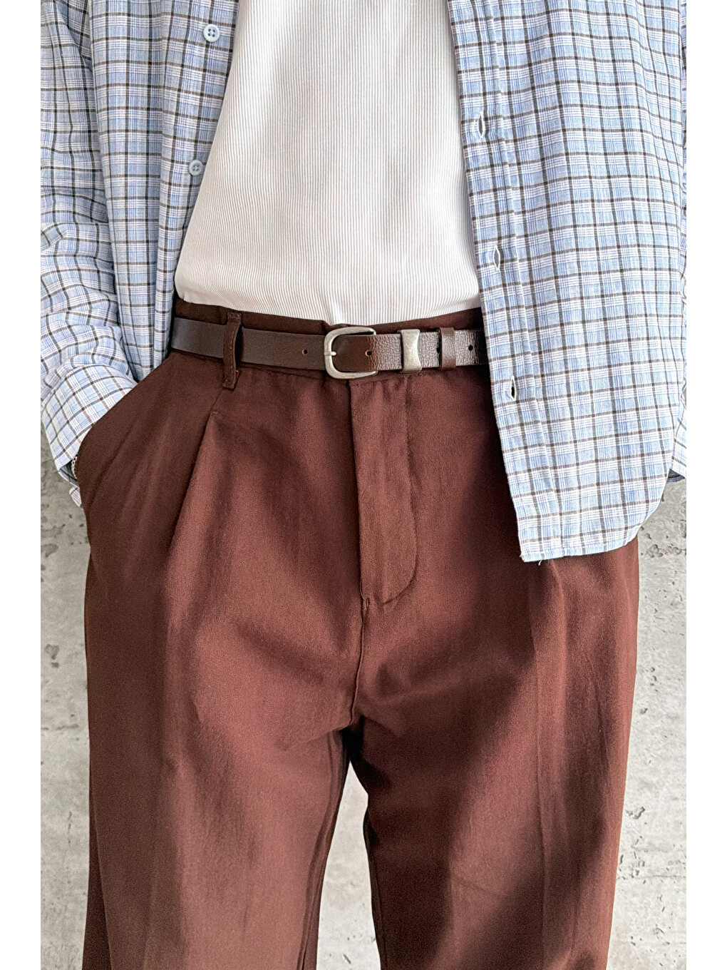 Kahverengi Erkek Baggy Fit Gabardin Kumaş Pantolon-5