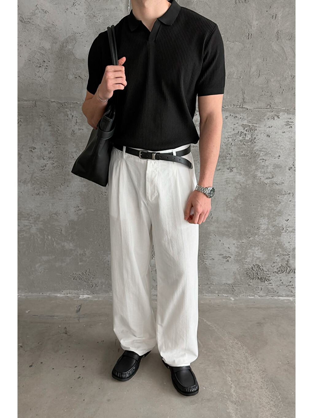 Beyaz Erkek Baggy Fit Gabardin Kumaş Pantolon-1