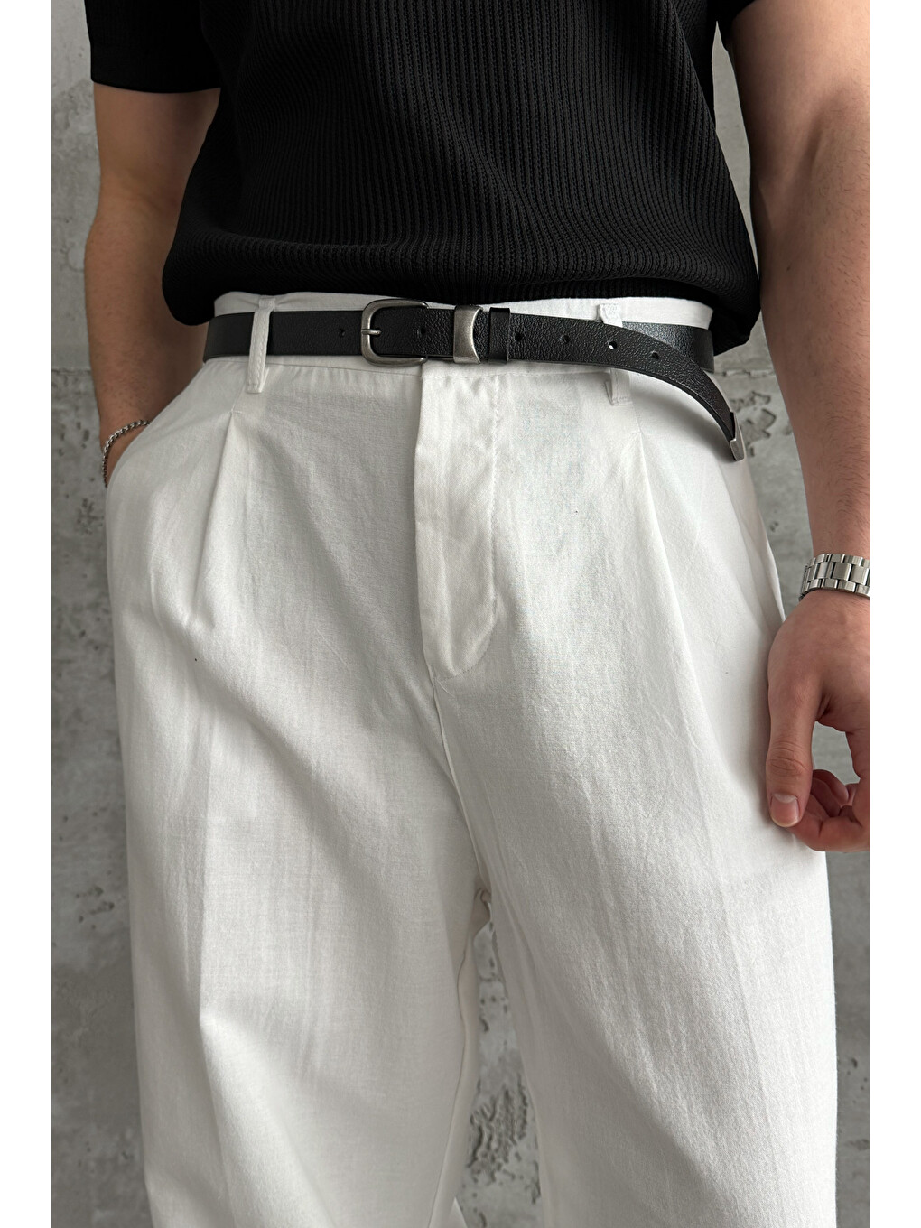 Beyaz Erkek Baggy Fit Gabardin Kumaş Pantolon-2