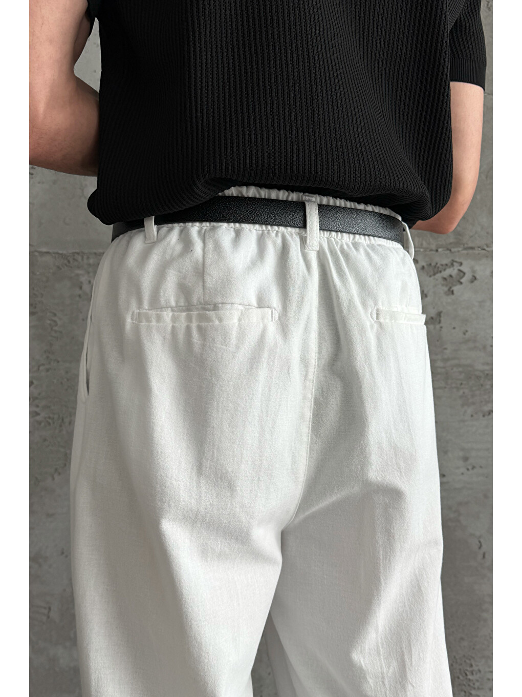 Beyaz Erkek Baggy Fit Gabardin Kumaş Pantolon-3