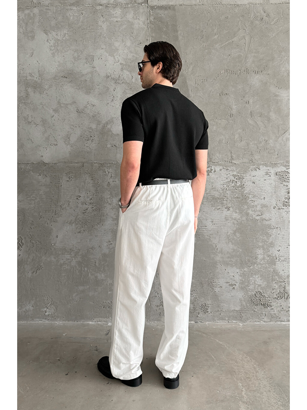 Beyaz Erkek Baggy Fit Gabardin Kumaş Pantolon-4