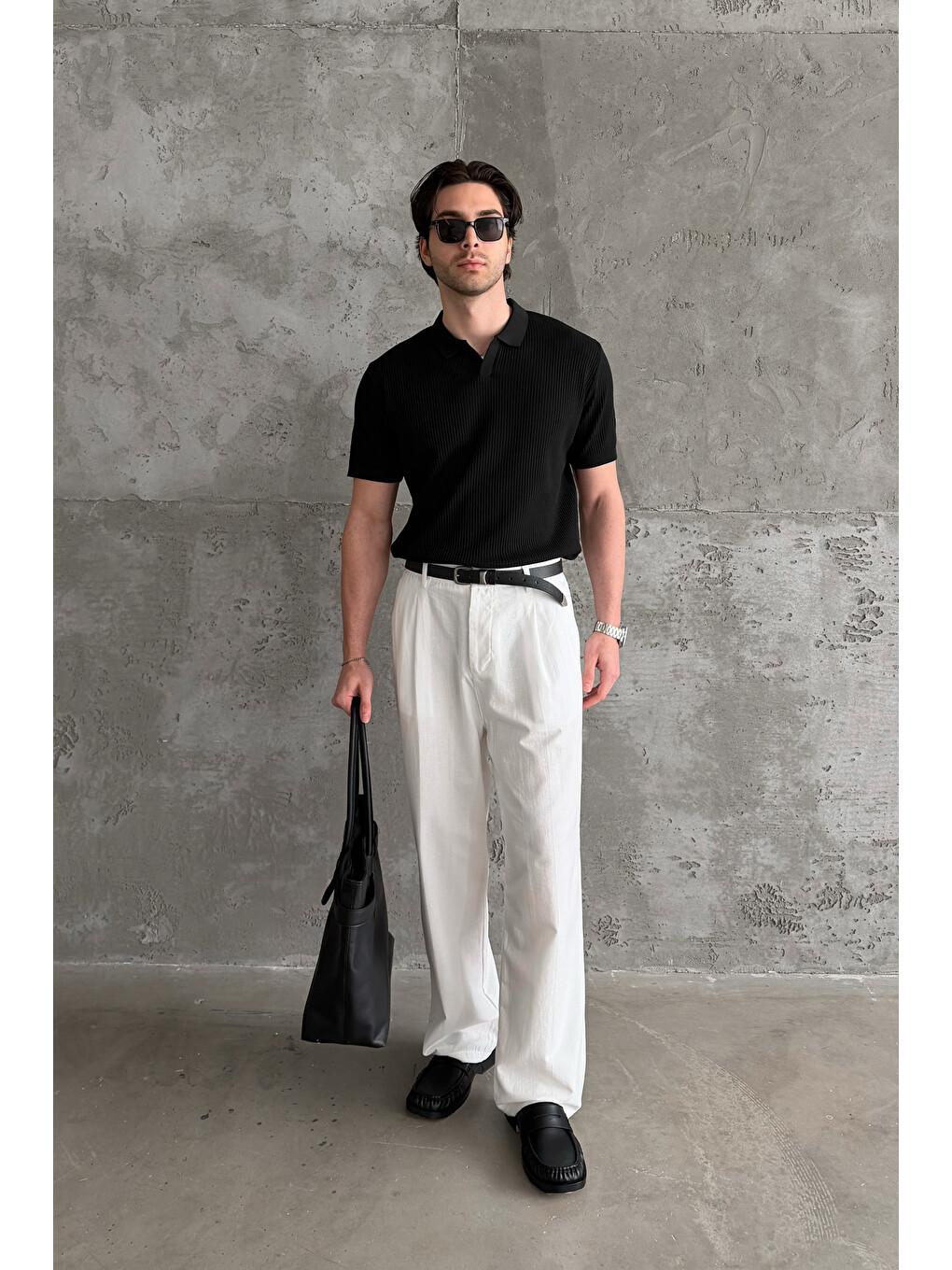 Beyaz Erkek Baggy Fit Gabardin Kumaş Pantolon-5