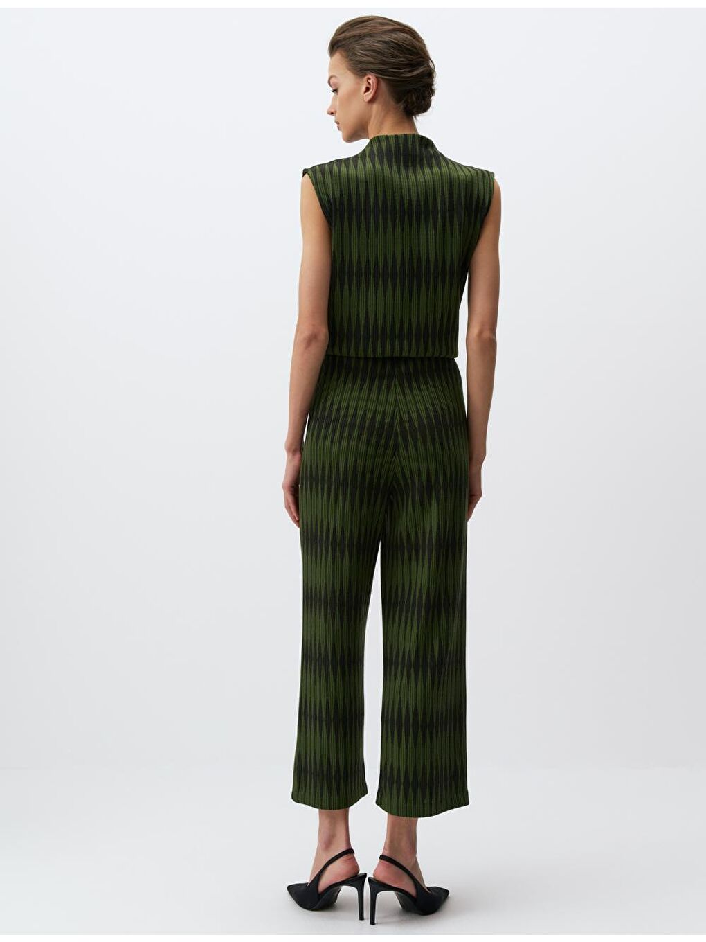 Nefti Yeşili Yüksek Bel Bol Paça Örme Desenli Pantolon-5