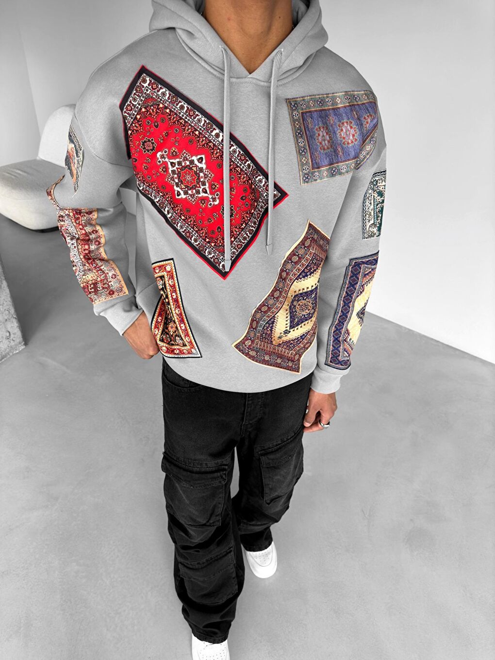 ablukaonline Gri Erkek Oversize Kilim Yamalı Hoodie Gri