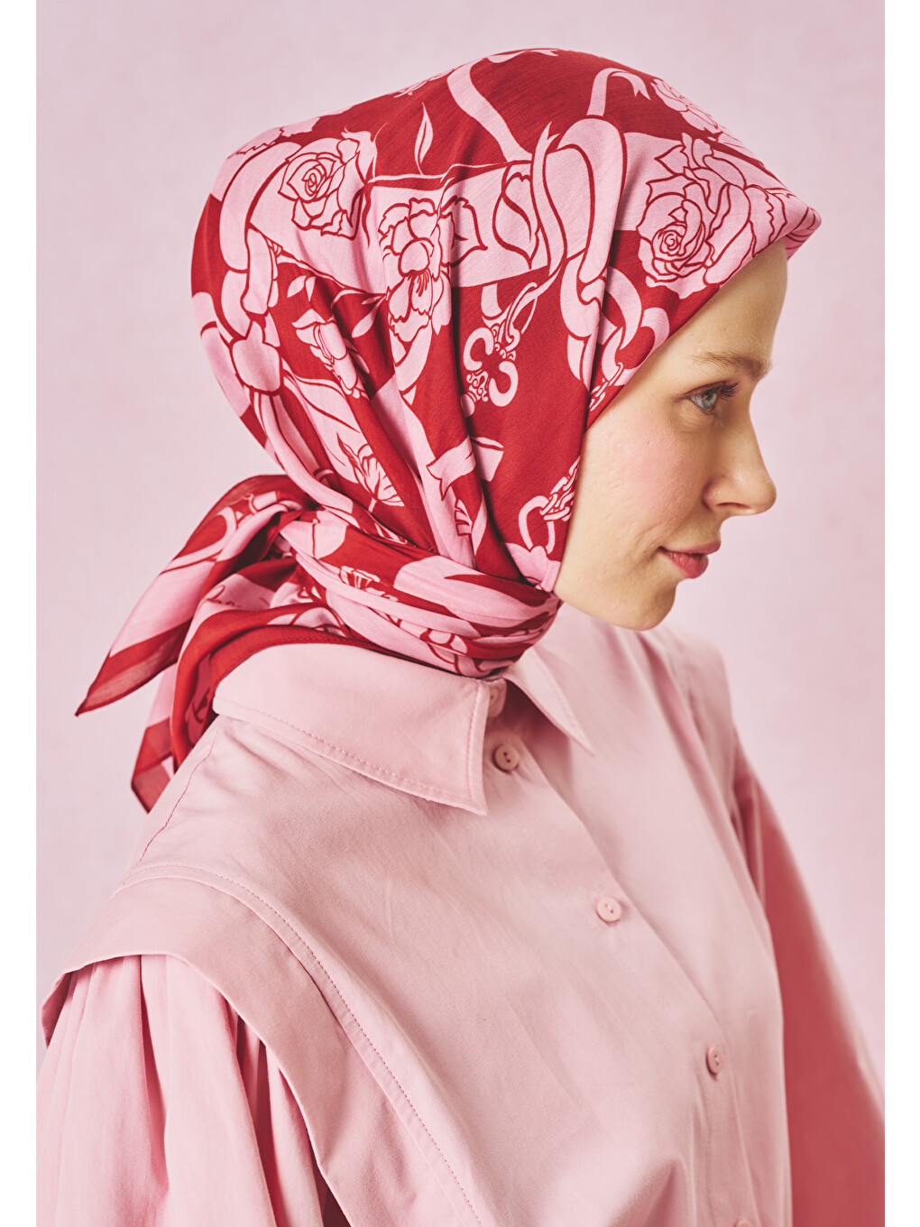 Kırmızı Eternal Love Desen Floş Viskon Eşarp Pink Rose-4