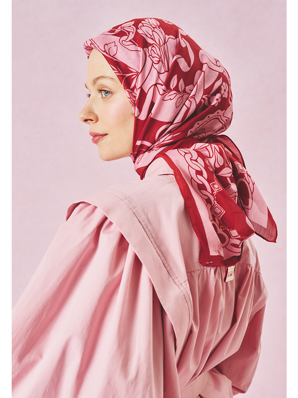 Kırmızı Eternal Love Desen Floş Viskon Eşarp Pink Rose-5