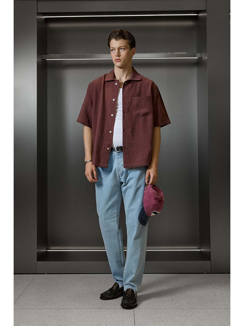 Erkek Relaxed Fit Kısa Kollu Cepli Lyocell Gömlek Bordo-5