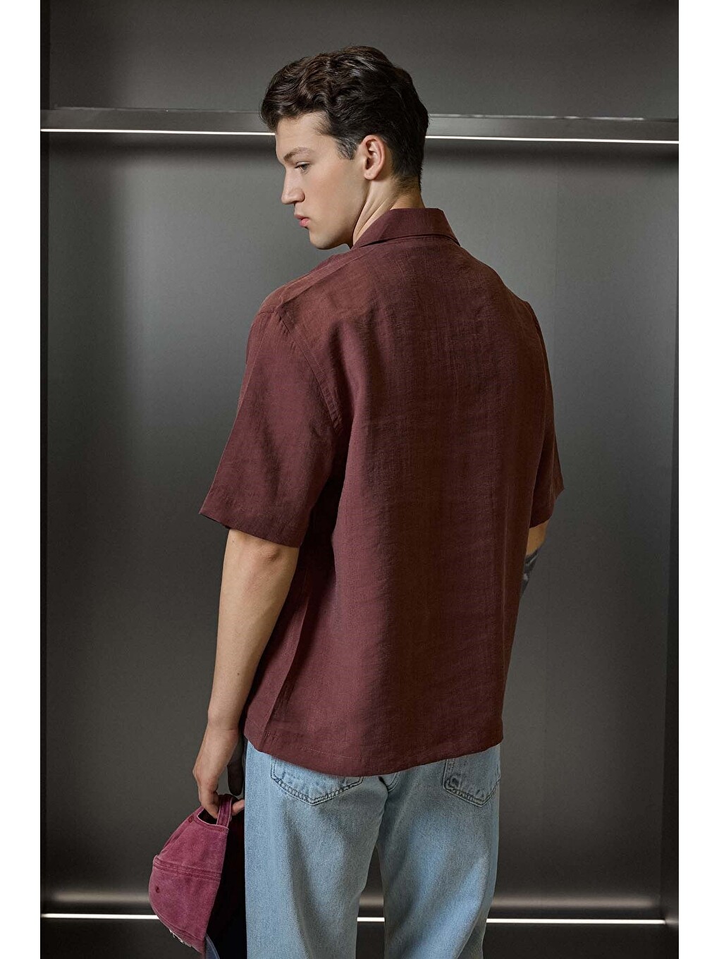 Erkek Relaxed Fit Kısa Kollu Cepli Lyocell Gömlek Bordo-6