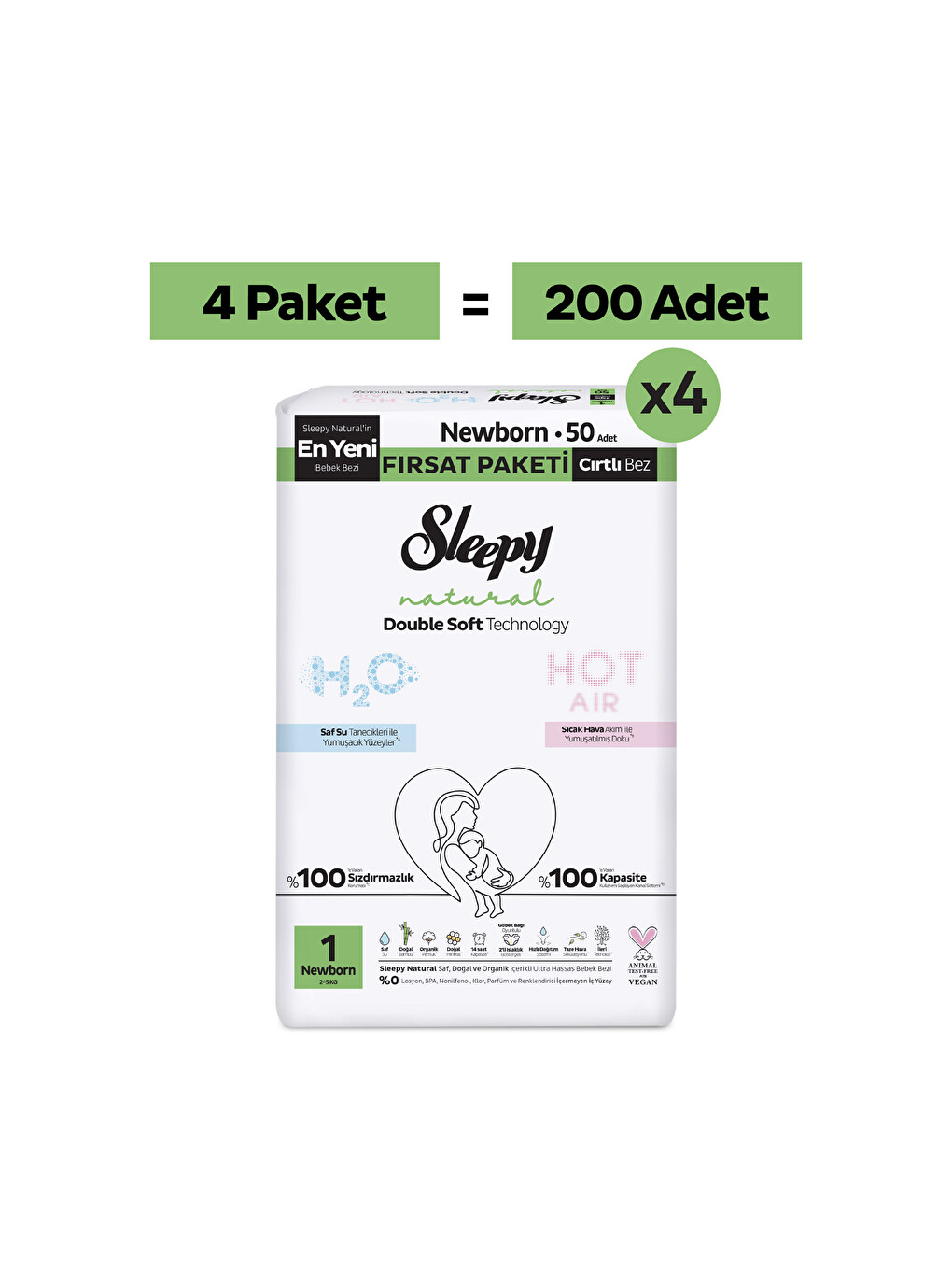 Natural Double Soft Mega Fırsat Paketi Bebek Bezi 1 Numara Newborn 200 Adet-1