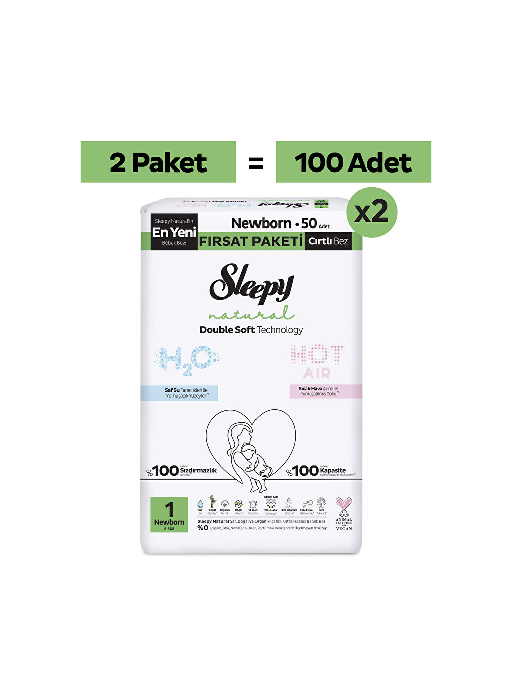 Natural Double Soft Ultra Fırsat Paketi Bebek Bezi 1 Numara Newborn 100 Adet-1