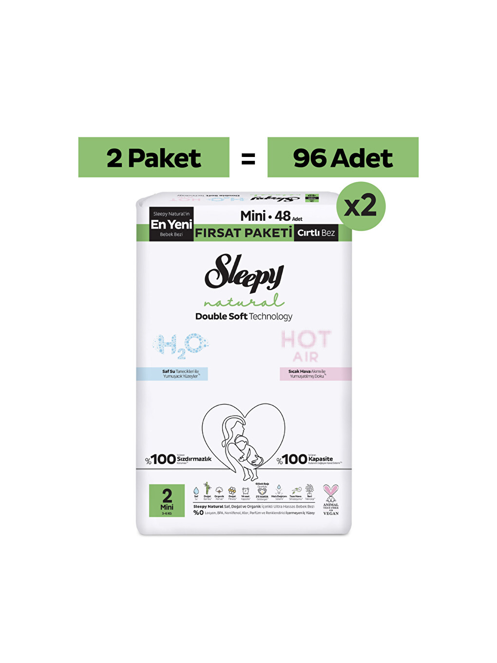 Natural Double Soft Ultra Fırsat Paketi Bebek Bezi 2 Numara Mini 96 Adet-1