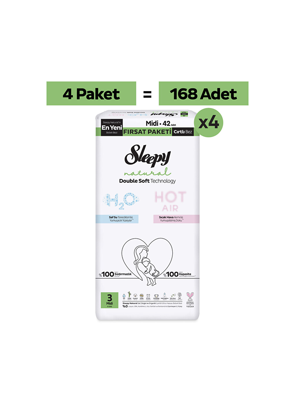 Natural Double Soft Mega Fırsat Paketi Bebek Bezi 3 Numara Midi 168 Adet-1