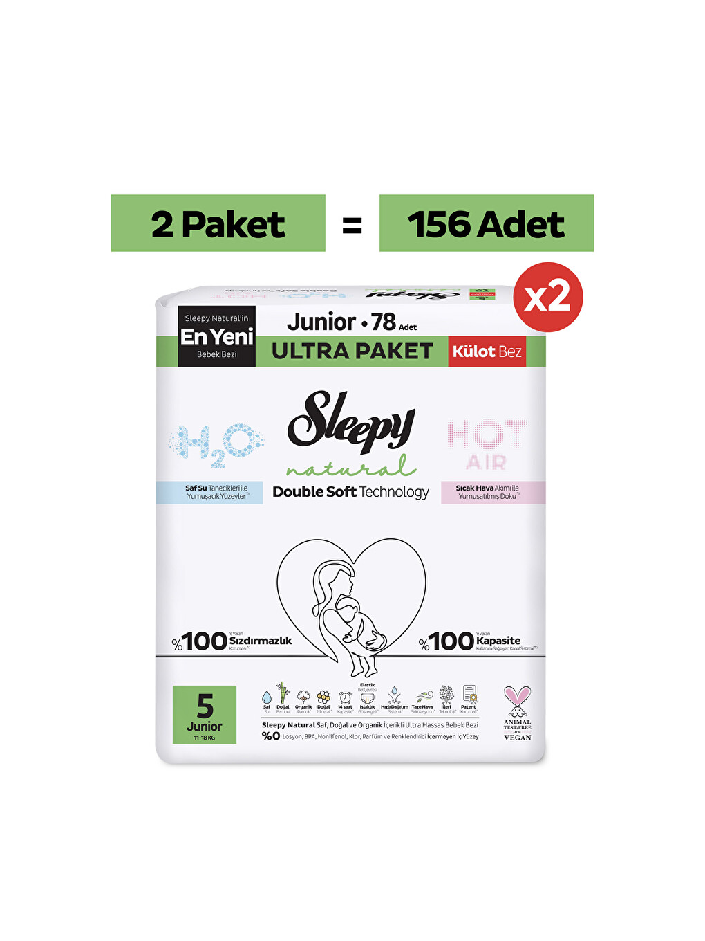 Natural Double Soft Ultra Fırsat Paketi Külot Bez 5 Numara Junior 156 Adet-1
