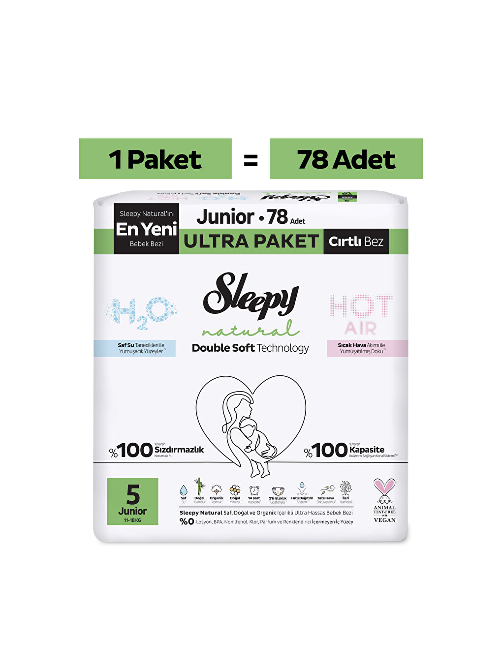 Natural Double Soft Ultra Paket Bebek Bezi 5 Numara Junior 78 Adet-1