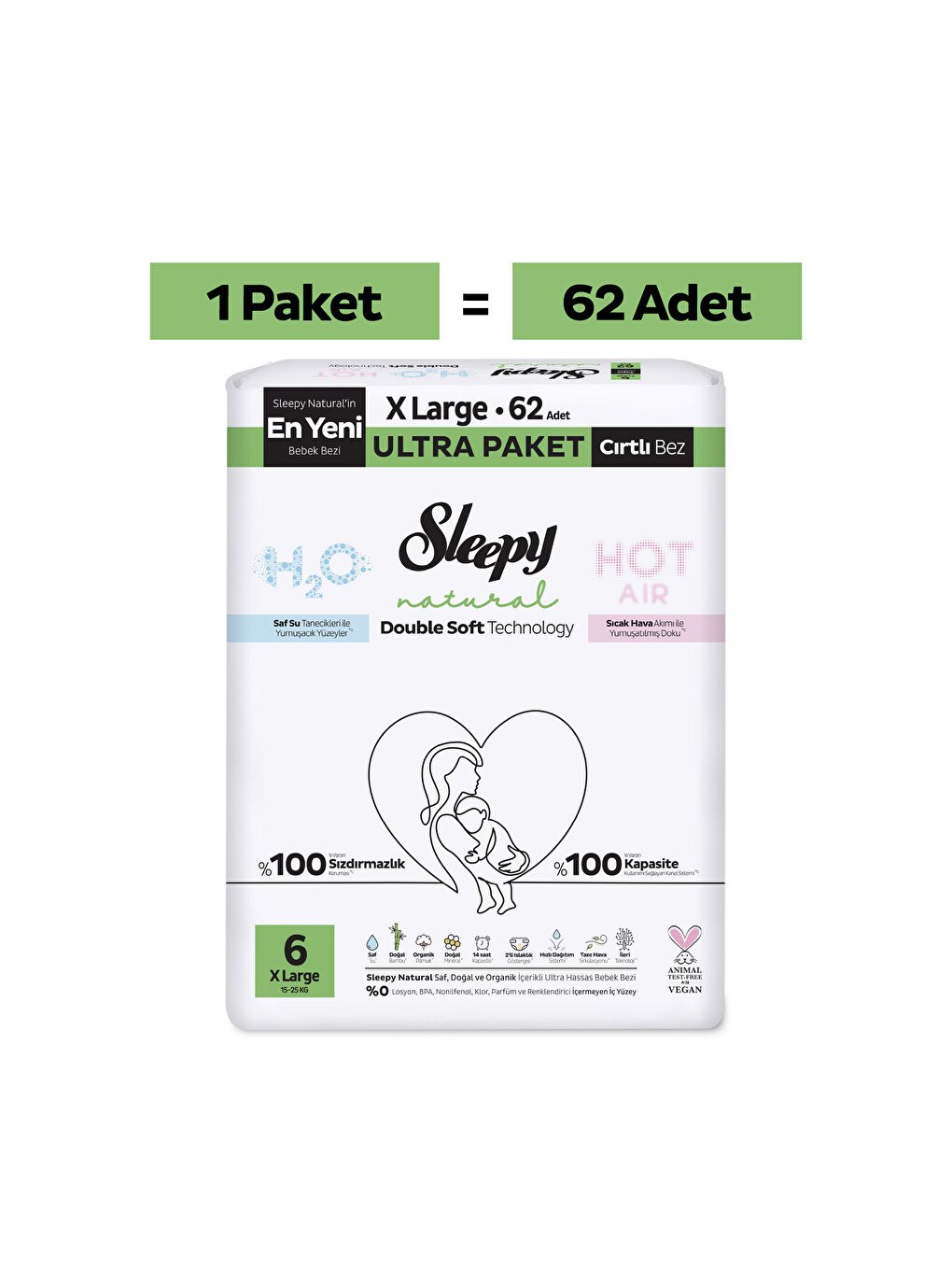 Natural Double Soft Ultra Paket Bebek Bezi 6 Numara Xlarge 62 Adet-1