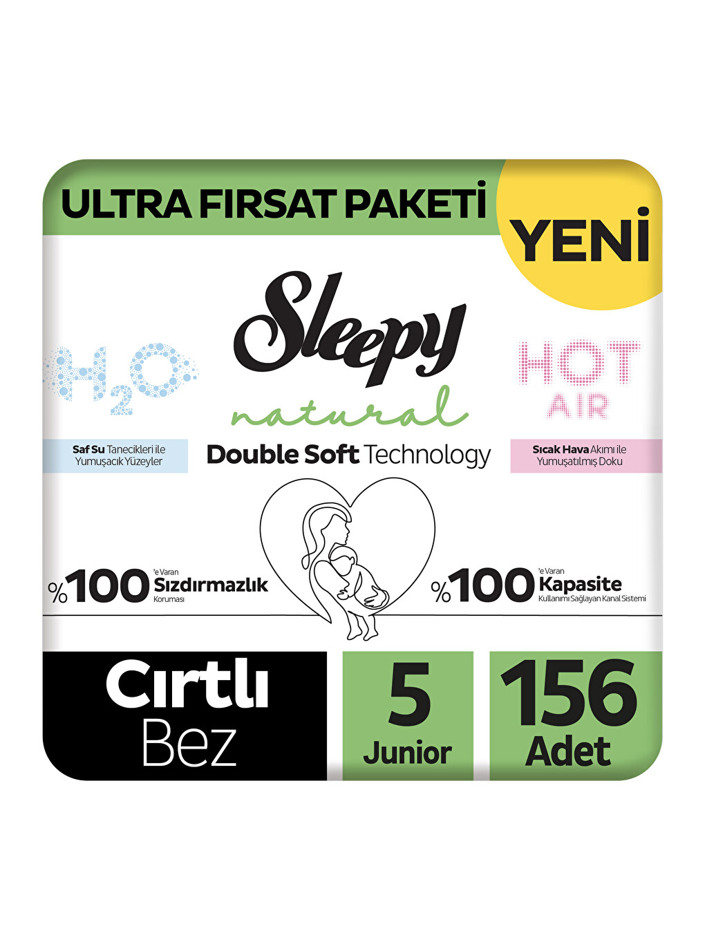 Natural Double Soft Ultra Fırsat Paketi Bebek Bezi 5 Numara Junior 156 Adet