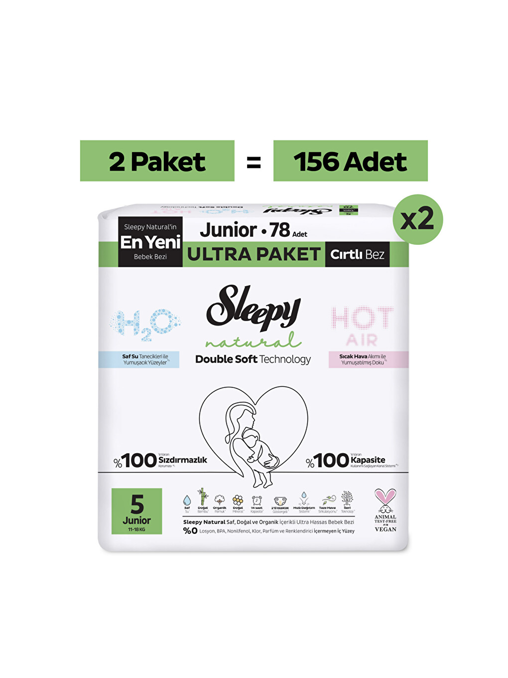 Natural Double Soft Ultra Fırsat Paketi Bebek Bezi 5 Numara Junior 156 Adet-1