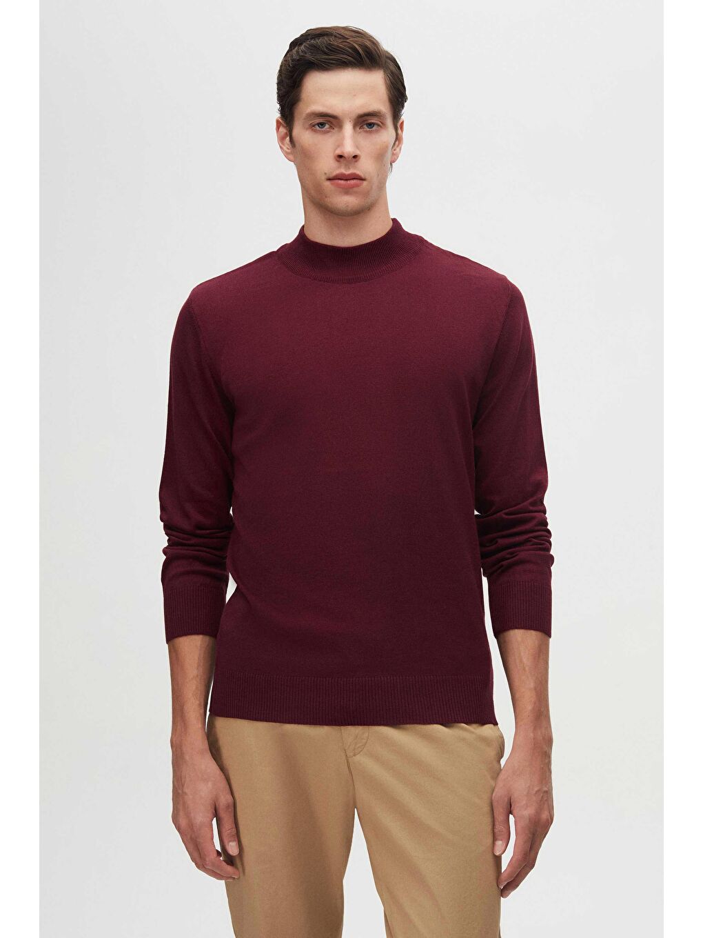 Regular Fit Bordo Pamuk Karışımlı Yarım Balıkçı Triko Kazak