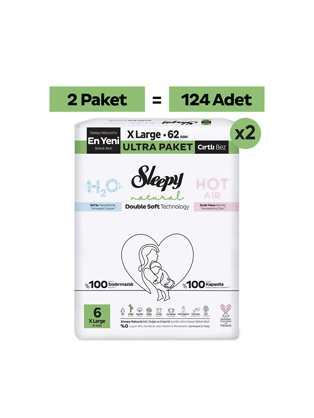 Natural Double Soft Ultra Fırsat Paketi Bebek Bezi 6 Numara Xlarge 124 Adet-1