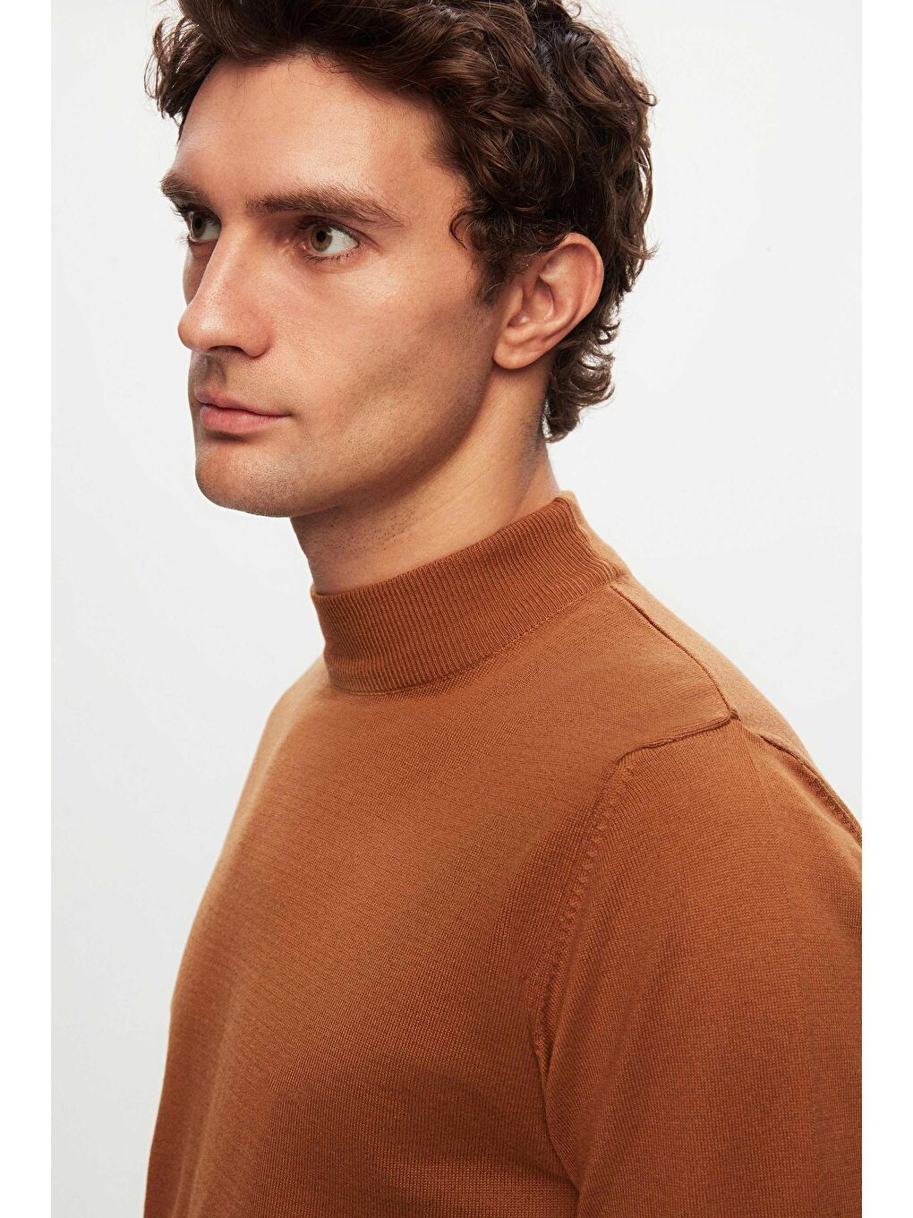 Kahverengi Regular Fit Camel Pamuk Karışımlı Yarım Balıkçı Triko Kazak-2