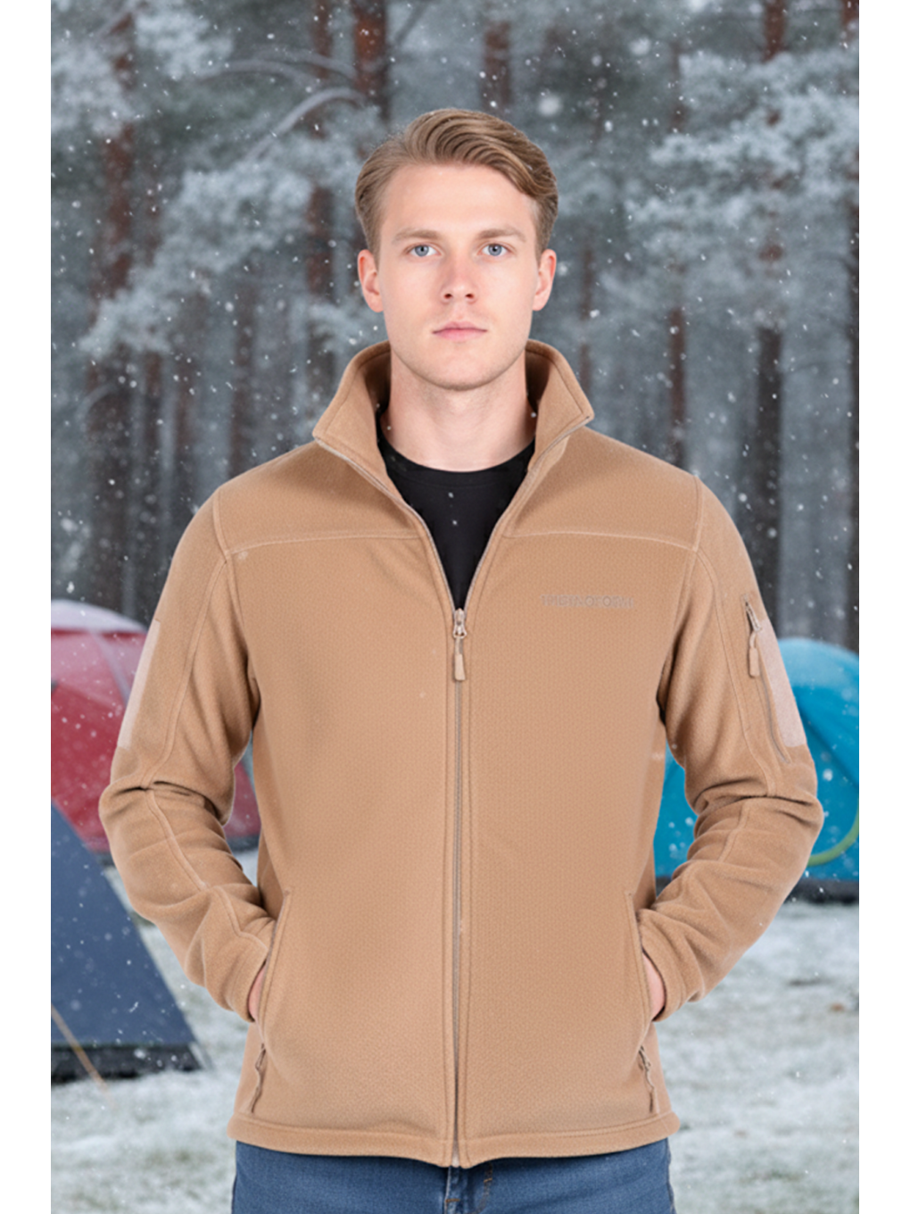 Bej Erkek Polar Dik Yaka Fermuarlı Sweatshirt-1