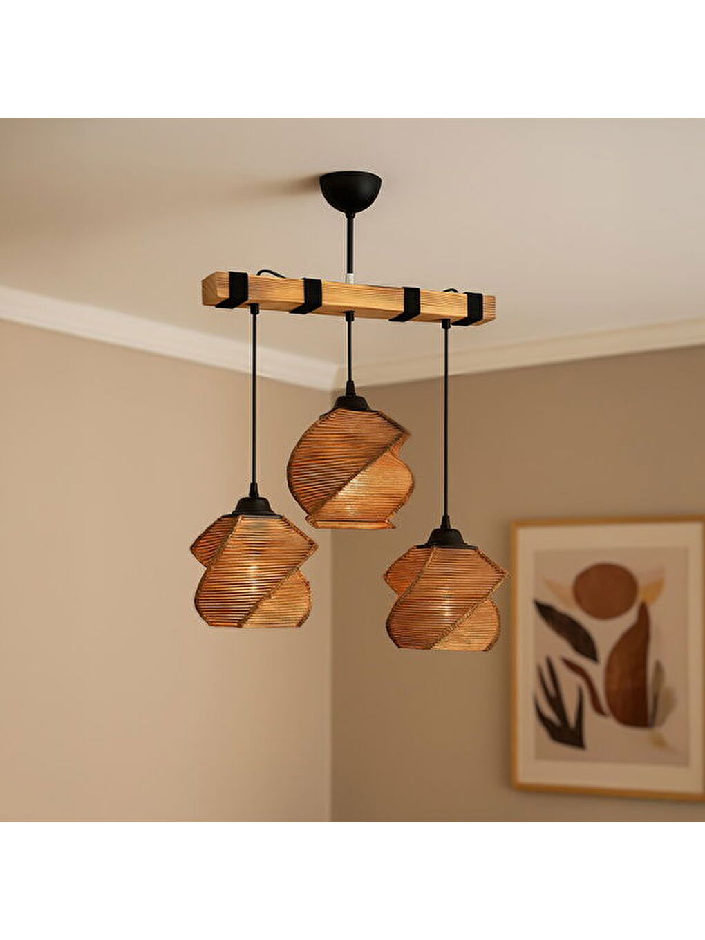 Popart 3'lü Ahşap Avize - Kahverengi